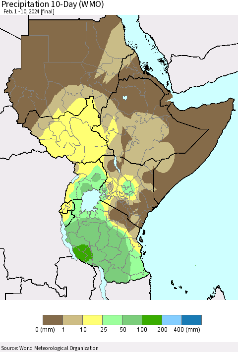 Eastern Africa Precipitation 10-Day (WMO) Thematic Map For 2/1/2024 - 2/10/2024