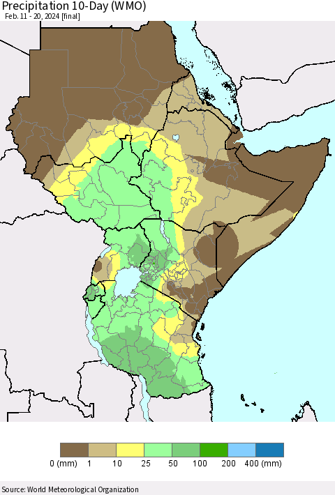 Eastern Africa Precipitation 10-Day (WMO) Thematic Map For 2/11/2024 - 2/20/2024
