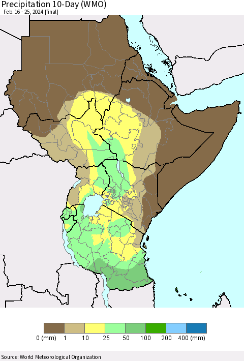 Eastern Africa Precipitation 10-Day (WMO) Thematic Map For 2/16/2024 - 2/25/2024
