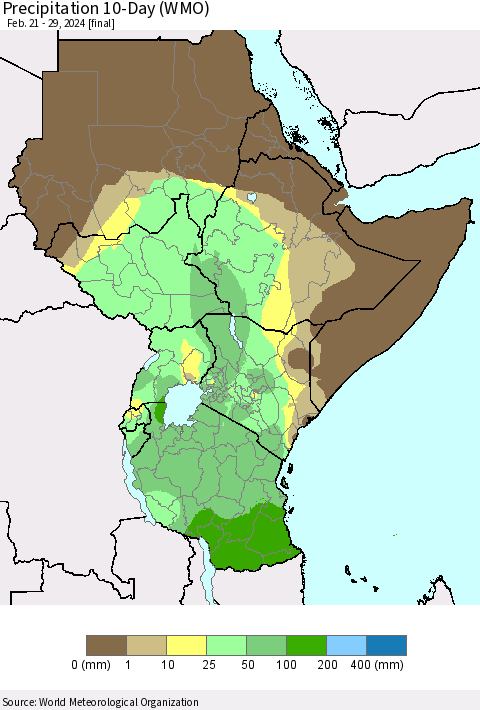 Eastern Africa Precipitation 10-Day (WMO) Thematic Map For 2/21/2024 - 2/29/2024