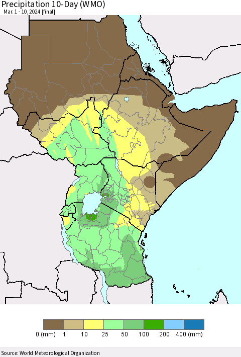 Eastern Africa Precipitation 10-Day (WMO) Thematic Map For 3/1/2024 - 3/10/2024
