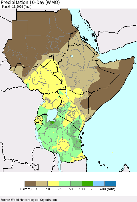 Eastern Africa Precipitation 10-Day (WMO) Thematic Map For 3/6/2024 - 3/15/2024