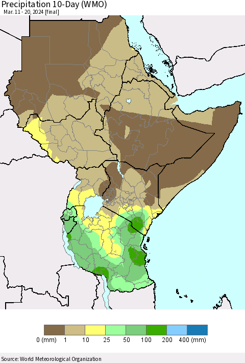 Eastern Africa Precipitation 10-Day (WMO) Thematic Map For 3/11/2024 - 3/20/2024
