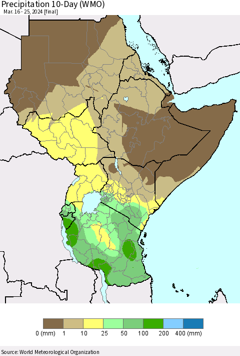 Eastern Africa Precipitation 10-Day (WMO) Thematic Map For 3/16/2024 - 3/25/2024