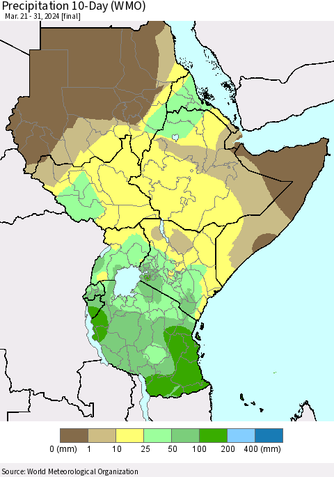Eastern Africa Precipitation 10-Day (WMO) Thematic Map For 3/21/2024 - 3/31/2024