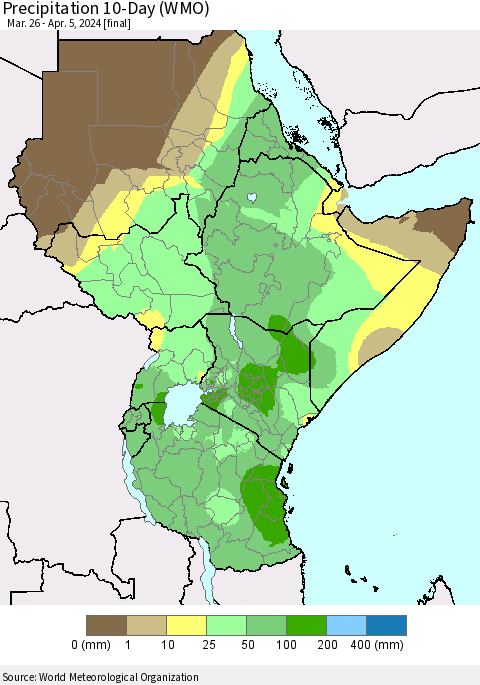 Eastern Africa Precipitation 10-Day (WMO) Thematic Map For 3/26/2024 - 4/5/2024