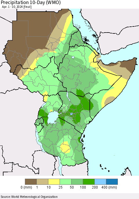 Eastern Africa Precipitation 10-Day (WMO) Thematic Map For 4/1/2024 - 4/10/2024
