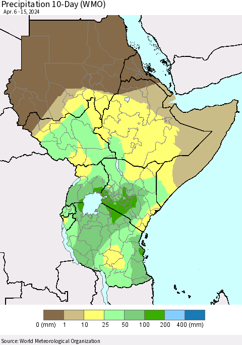 Eastern Africa Precipitation 10-Day (WMO) Thematic Map For 4/6/2024 - 4/15/2024