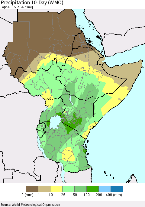 Eastern Africa Precipitation 10-Day (WMO) Thematic Map For 4/6/2024 - 4/15/2024