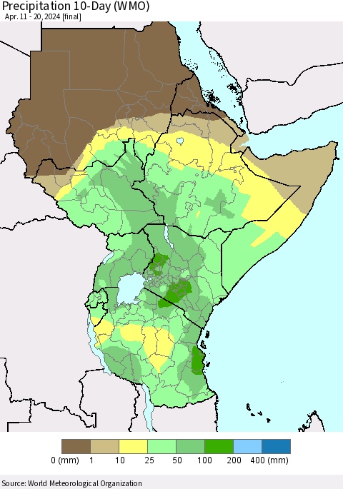 Eastern Africa Precipitation 10-Day (WMO) Thematic Map For 4/11/2024 - 4/20/2024
