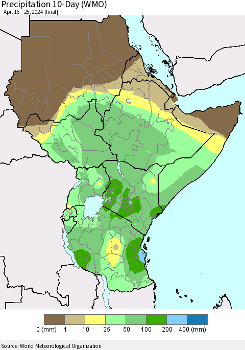 Eastern Africa Precipitation 10-Day (WMO) Thematic Map For 4/16/2024 - 4/25/2024