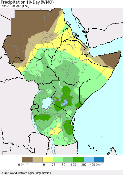 Eastern Africa Precipitation 10-Day (WMO) Thematic Map For 4/21/2024 - 4/30/2024