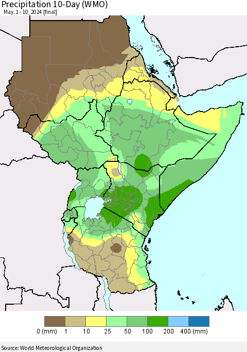Eastern Africa Precipitation 10-Day (WMO) Thematic Map For 5/1/2024 - 5/10/2024