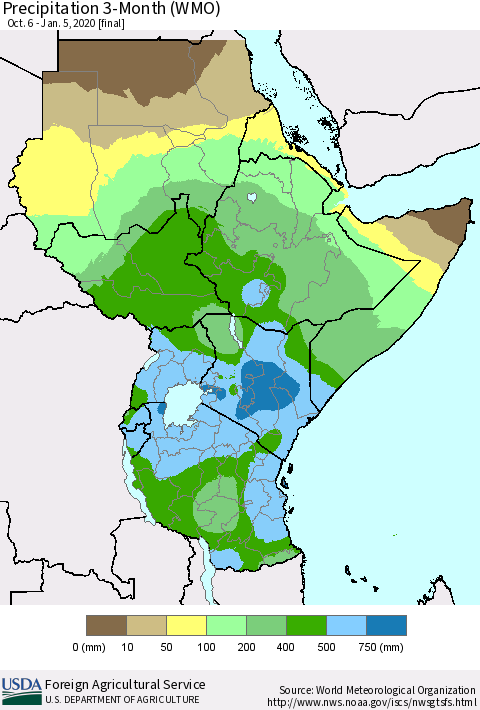 Eastern Africa Precipitation 3-Month (WMO) Thematic Map For 10/6/2019 - 1/5/2020