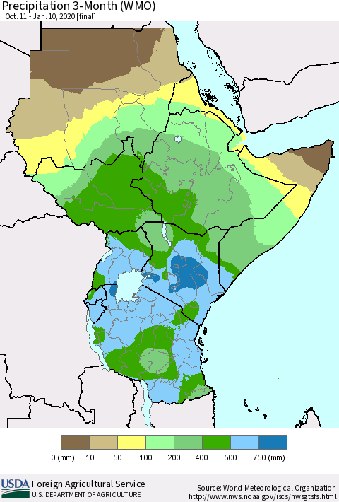 Eastern Africa Precipitation 3-Month (WMO) Thematic Map For 10/11/2019 - 1/10/2020