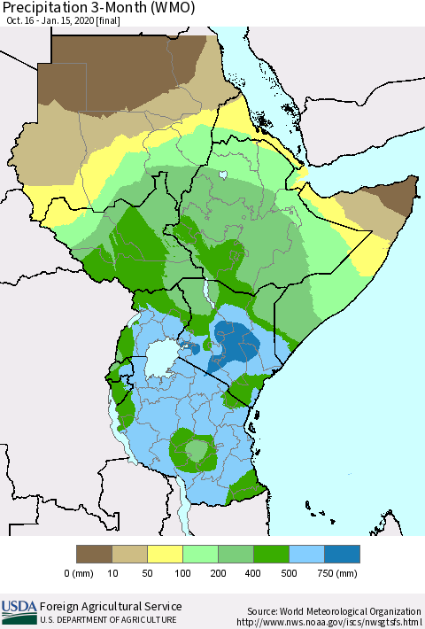 Eastern Africa Precipitation 3-Month (WMO) Thematic Map For 10/16/2019 - 1/15/2020