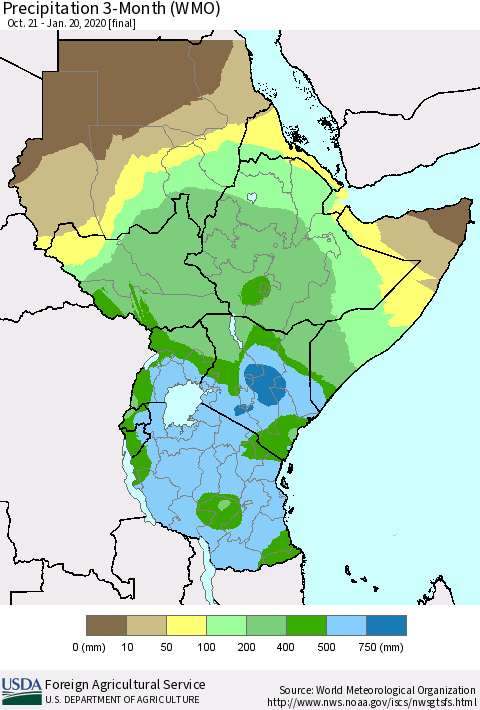 Eastern Africa Precipitation 3-Month (WMO) Thematic Map For 10/21/2019 - 1/20/2020