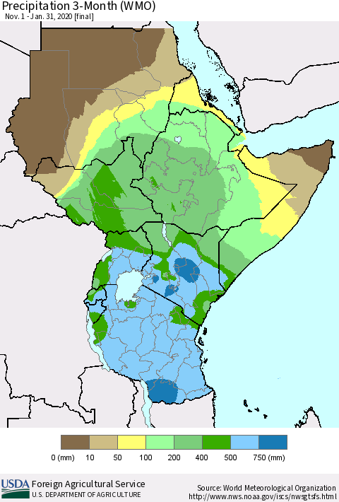 Eastern Africa Precipitation 3-Month (WMO) Thematic Map For 11/1/2019 - 1/31/2020