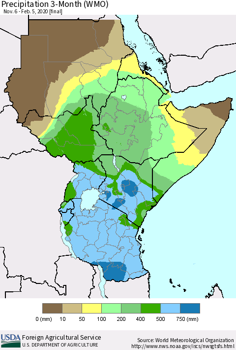Eastern Africa Precipitation 3-Month (WMO) Thematic Map For 11/6/2019 - 2/5/2020
