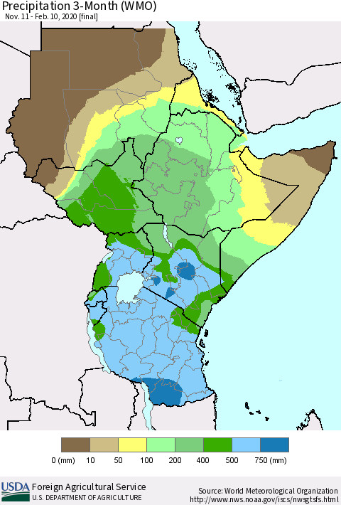 Eastern Africa Precipitation 3-Month (WMO) Thematic Map For 11/11/2019 - 2/10/2020