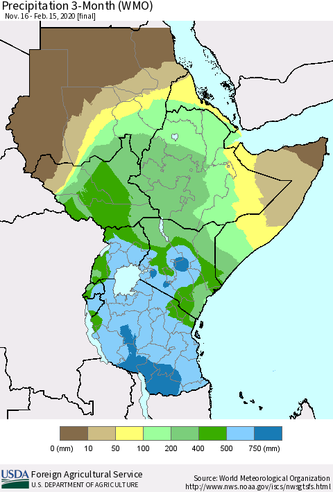 Eastern Africa Precipitation 3-Month (WMO) Thematic Map For 11/16/2019 - 2/15/2020