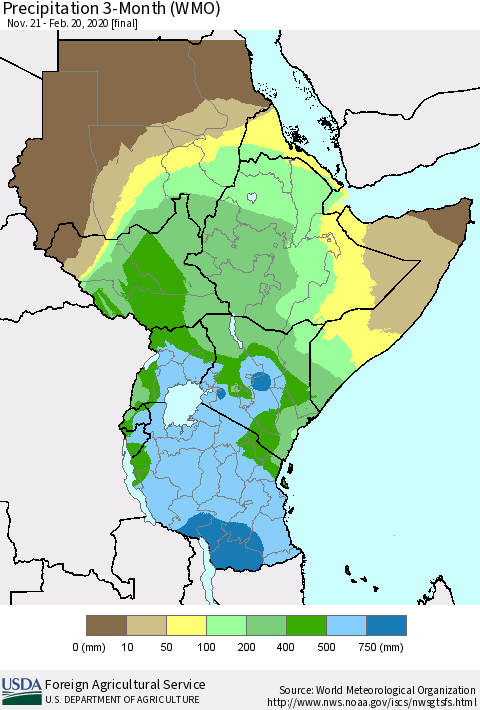 Eastern Africa Precipitation 3-Month (WMO) Thematic Map For 11/21/2019 - 2/20/2020