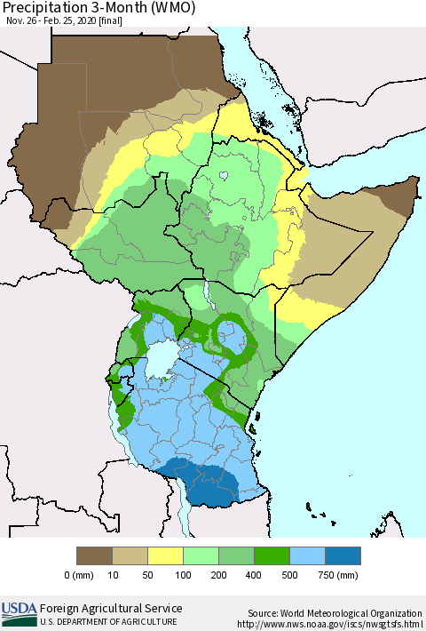 Eastern Africa Precipitation 3-Month (WMO) Thematic Map For 11/26/2019 - 2/25/2020
