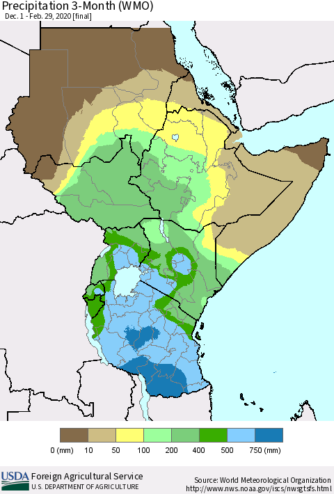 Eastern Africa Precipitation 3-Month (WMO) Thematic Map For 12/1/2019 - 2/29/2020