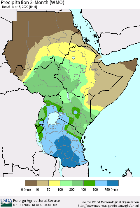 Eastern Africa Precipitation 3-Month (WMO) Thematic Map For 12/6/2019 - 3/5/2020