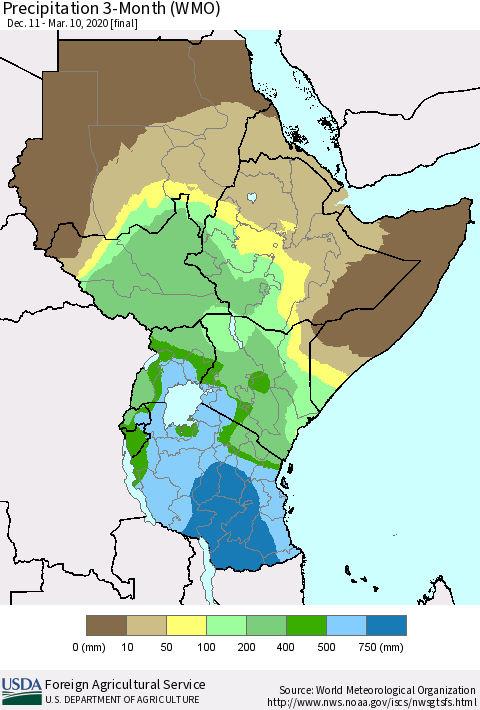 Eastern Africa Precipitation 3-Month (WMO) Thematic Map For 12/11/2019 - 3/10/2020
