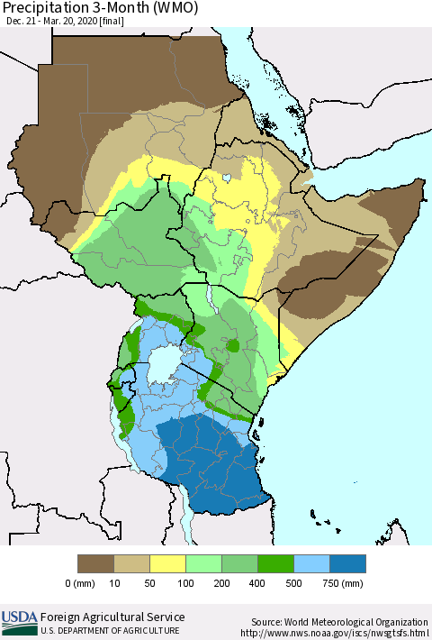 Eastern Africa Precipitation 3-Month (WMO) Thematic Map For 12/21/2019 - 3/20/2020