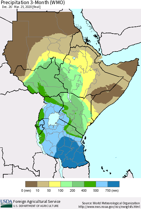 Eastern Africa Precipitation 3-Month (WMO) Thematic Map For 12/26/2019 - 3/25/2020
