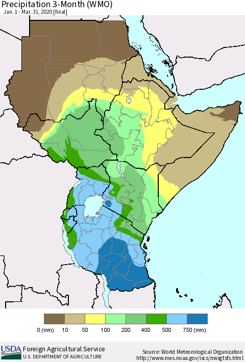 Eastern Africa Precipitation 3-Month (WMO) Thematic Map For 1/1/2020 - 3/31/2020