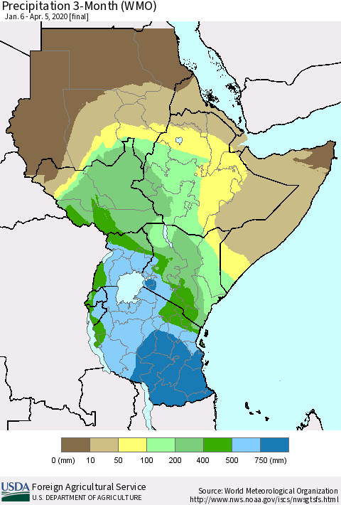 Eastern Africa Precipitation 3-Month (WMO) Thematic Map For 1/6/2020 - 4/5/2020