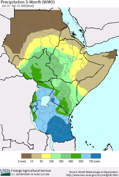 Eastern Africa Precipitation 3-Month (WMO) Thematic Map For 1/11/2020 - 4/10/2020