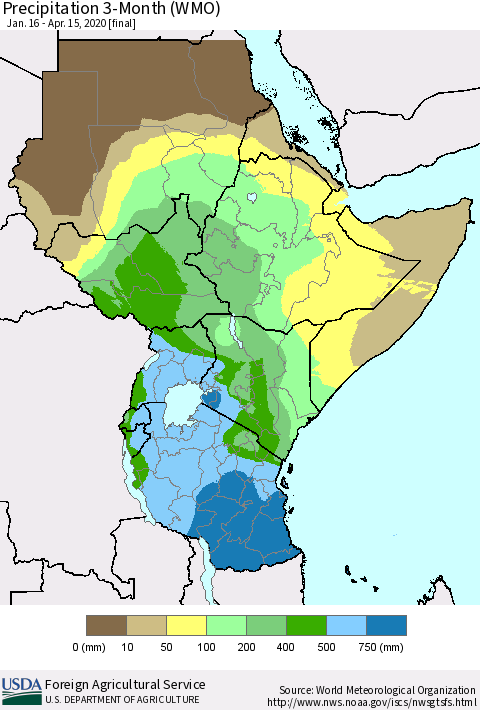 Eastern Africa Precipitation 3-Month (WMO) Thematic Map For 1/16/2020 - 4/15/2020