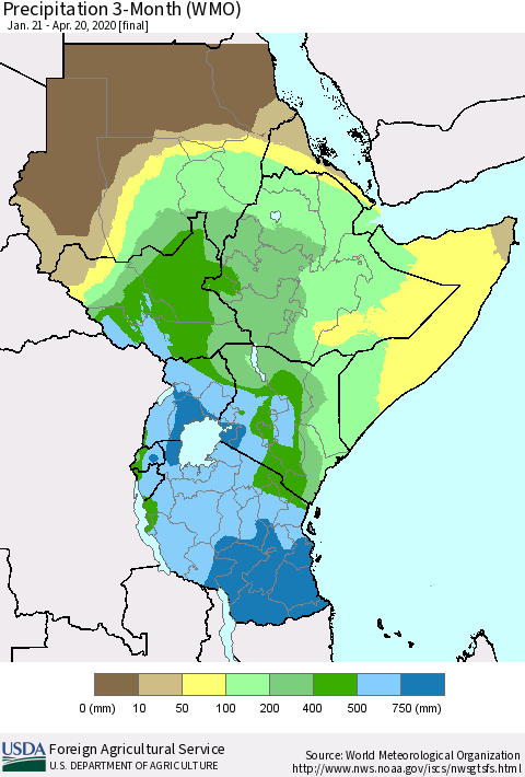 Eastern Africa Precipitation 3-Month (WMO) Thematic Map For 1/21/2020 - 4/20/2020