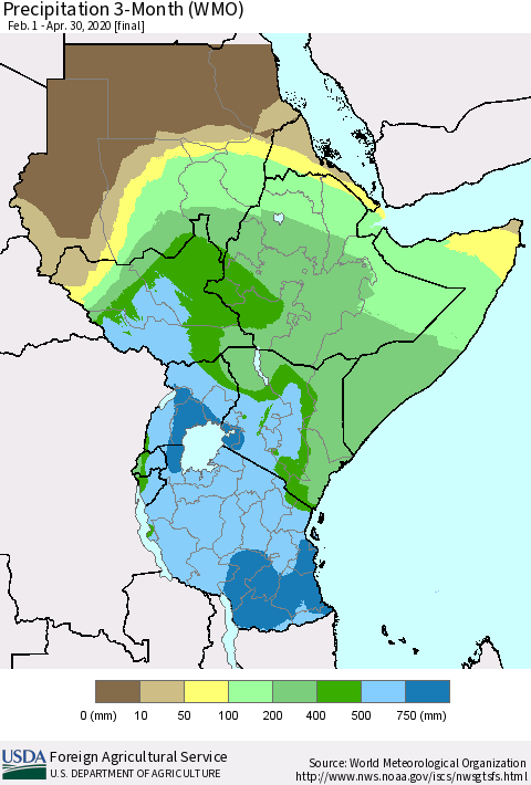 Eastern Africa Precipitation 3-Month (WMO) Thematic Map For 2/1/2020 - 4/30/2020