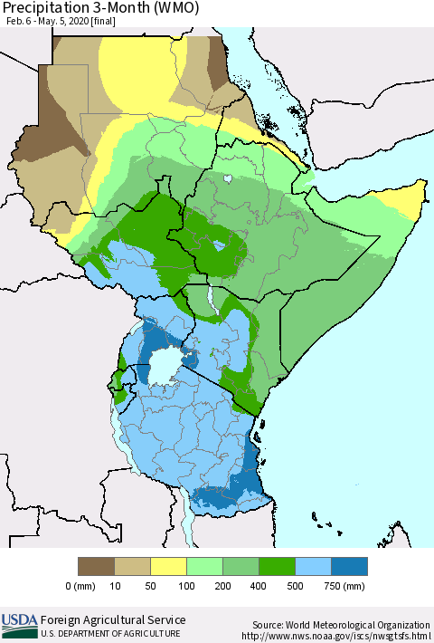 Eastern Africa Precipitation 3-Month (WMO) Thematic Map For 2/6/2020 - 5/5/2020