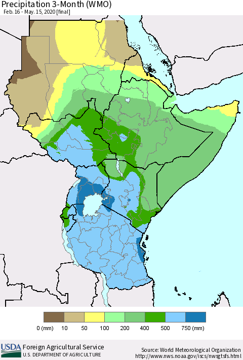 Eastern Africa Precipitation 3-Month (WMO) Thematic Map For 2/16/2020 - 5/15/2020