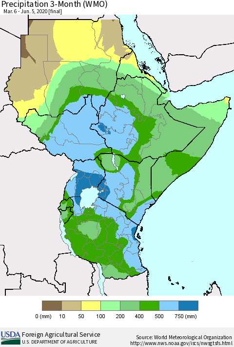Eastern Africa Precipitation 3-Month (WMO) Thematic Map For 3/6/2020 - 6/5/2020