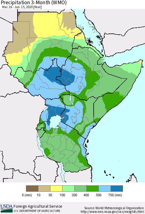 Eastern Africa Precipitation 3-Month (WMO) Thematic Map For 3/16/2020 - 6/15/2020