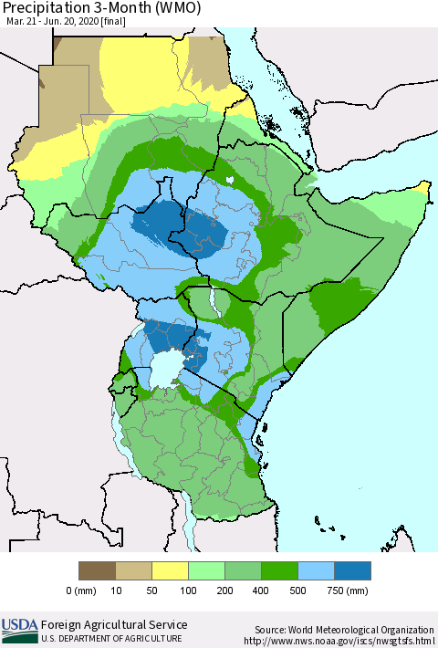 Eastern Africa Precipitation 3-Month (WMO) Thematic Map For 3/21/2020 - 6/20/2020