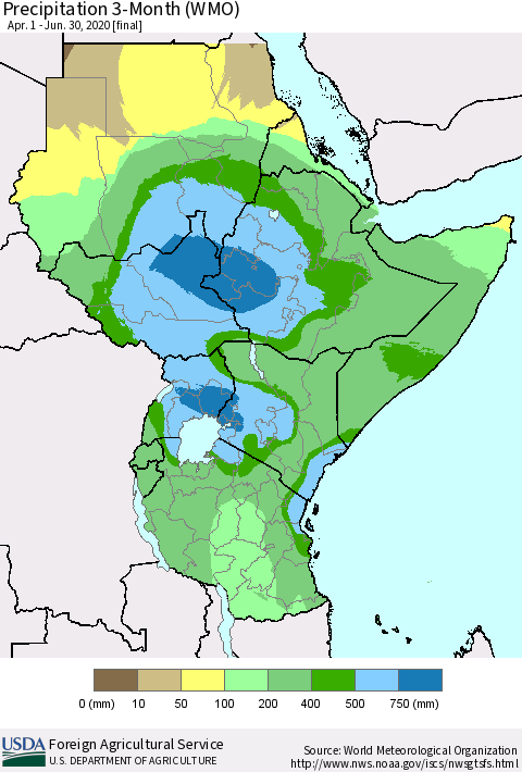Eastern Africa Precipitation 3-Month (WMO) Thematic Map For 4/1/2020 - 6/30/2020