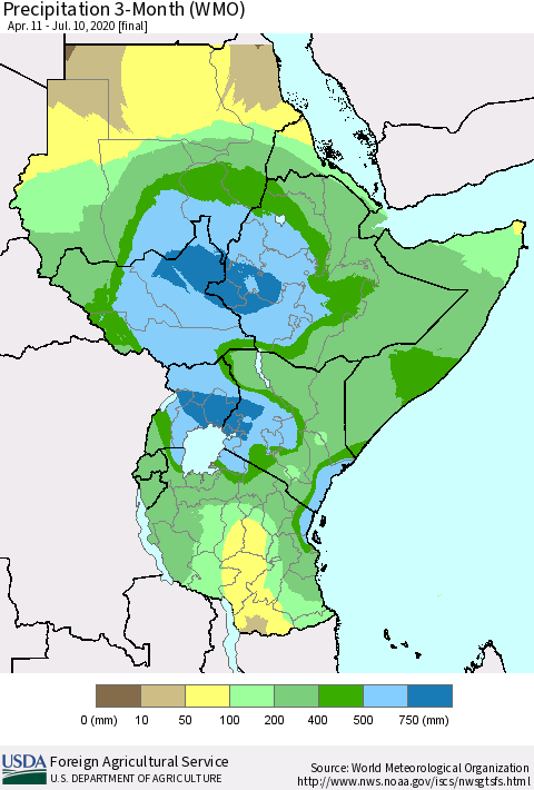 Eastern Africa Precipitation 3-Month (WMO) Thematic Map For 4/11/2020 - 7/10/2020