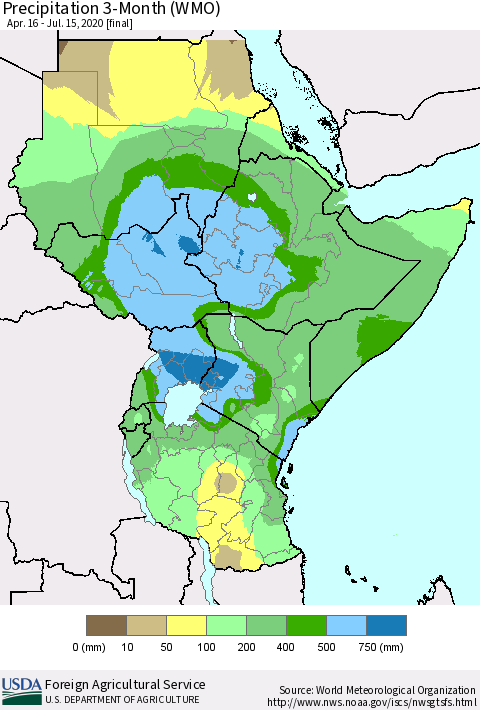 Eastern Africa Precipitation 3-Month (WMO) Thematic Map For 4/16/2020 - 7/15/2020