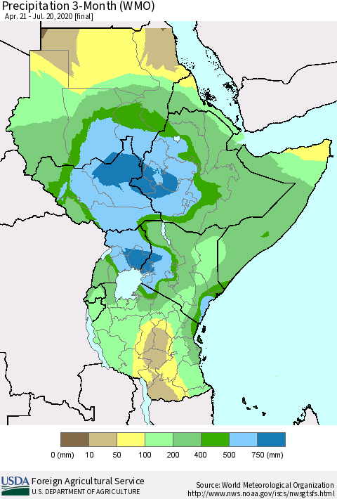 Eastern Africa Precipitation 3-Month (WMO) Thematic Map For 4/21/2020 - 7/20/2020