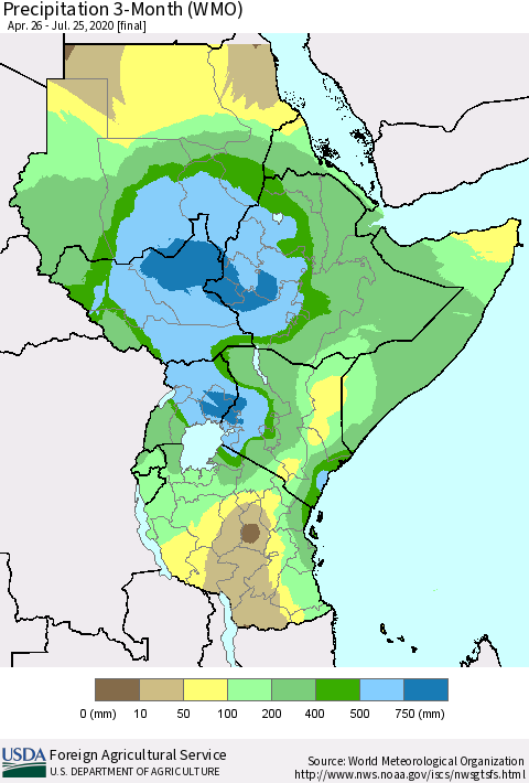 Eastern Africa Precipitation 3-Month (WMO) Thematic Map For 4/26/2020 - 7/25/2020