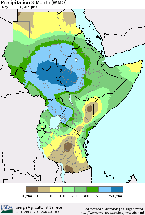 Eastern Africa Precipitation 3-Month (WMO) Thematic Map For 5/1/2020 - 7/31/2020