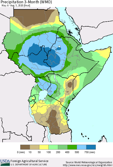 Eastern Africa Precipitation 3-Month (WMO) Thematic Map For 5/6/2020 - 8/5/2020